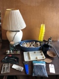 Electric ceramic-base lantern w/shade, meat grinder, wood spoon, blue oval basket, sea shells, and