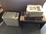 Upholstered piano bench, Christmas rug, wicker hamper, and box of Kitchen Klatter magazines.