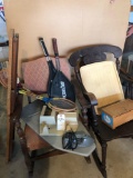(2) Handled wood rockers ~ (1) upholstered seat & back and (1) w/pressed back; wood ironing board,