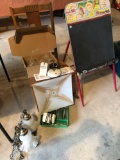 Child's blackboard, old rocker, various light fixture parts & electrical items, and silverware.