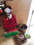 Lg. Snoopy lighted Christmas ornament, carpet sweeper, basket & pinecones, and box of wooden chair