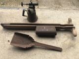 Antique wood seed-planter, gas lantern, and coal scoop