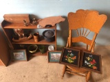 Wood bookshelf, antique rocking chair, enamel dishes, picture frames, and more!