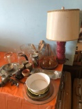 Yellow luncheon set, various cups, vases, lamp w/shade, meat grinder, and wood kitchen utensils.