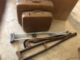 2-piece Samsonite luggage set, metal & antique wood crutches, and canes. No Shipping.