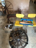 (2) Child's chairs, kids shelf, spinning-wheel planter, and buggy-wheel lamp.