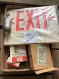 1 flat contents including Exit signs, fittings, and UNHC hanging scale 24-48 lbs.