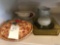 Porcelain lidded pie container, and other glass dishes and bowls.