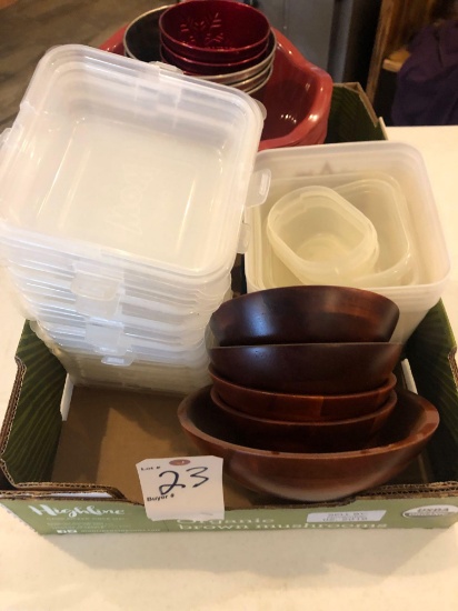 Wood salad bowl set, several plastic containers, several large plastic serving bowls and more!
