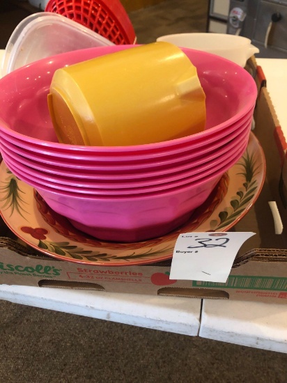 14'' porcelain serving bowl, several 12'' plastic pink serving bowls, bread baskets and more!