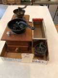 (2) antique coffee grinders ( 1-missing handle on crank) and Cafe Plantations coffee handled box.