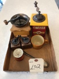 (2) coffee grinders, (2) salt and pepper porcelain grinders and a 1.55oz. Butternut metal coffee
