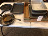 9 x 13 deep backing pans, plus larger cookie sheets, kettle and cast iron skillet.