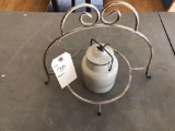 Wire decor bracket and lidded quart crock - Small hairline crack on base