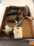 (2) antique sadirons, old electric iron and universal meat grinder