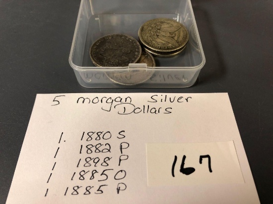 (5) Morgan silver dollars, (1) 1880 S, (1) 1882 P, (1) 1898 P, (1) 1885 O, (1) 1885 P