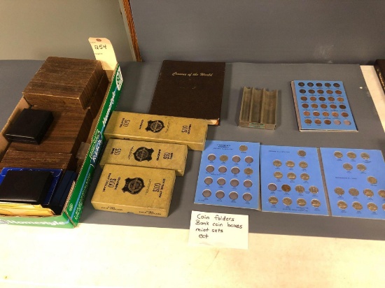 Coin displays, holder, boxes, & (1) Lincoln 1 cent book - nearly full, & (1) partially full Canadian