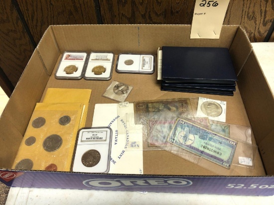 Various slab coins, Canadian mint sets, & military payment certificates