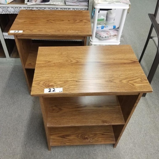 2] WOODEN SIDE TABLES with SHELVES