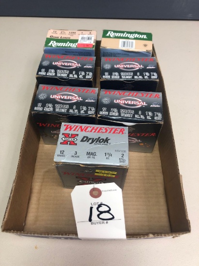 (7) New full boxes of 12-gauge shells. (6) boxes are 2 3/4'' mostly 7.5 & 8 shot, and (1) box of 3''