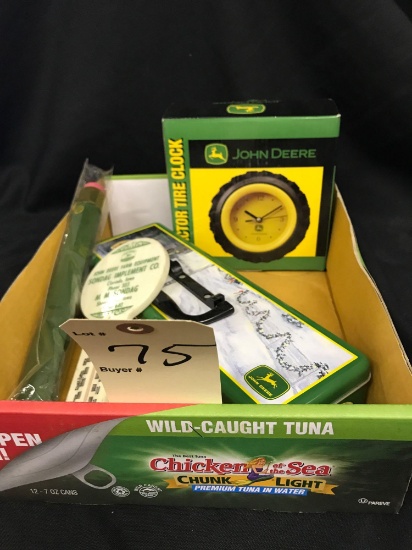 Assortment of John Deere Tractor Tire Clock, Pencil and Box and Thermometer