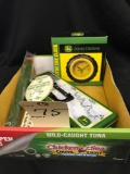 Assortment of John Deere Tractor Tire Clock, Pencil and Box and Thermometer