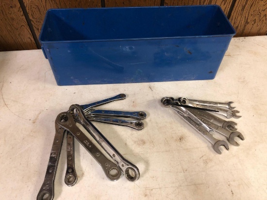 6'' x 6'' x 18.5'' metal storage bin plus (7) metric ratchet wrenches incl. size 10mm, 12, (2)-14,