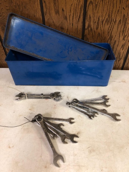 Lidded metal storage box 6'' x 6'' x 18.5'', plus 3 various sets of open & box end wrenches from