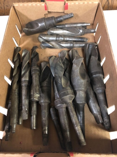 (18) various sized high speed drill bits w/ taper machining shanks.