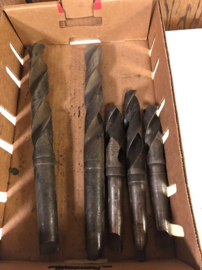 (5) large high speed drill bits w/ 1'' to 1-1/4'' taper machining shank.