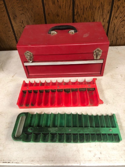 (2) magnetic socket holders & lidded toolbox 10''x 8.5'' x 17'' No Shipping!