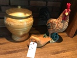 Rooster, wooden duck and covered decorative pot