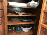 Various white dishes to include bowls, covered dish, Pfaltzgraff bowl, Glass jars and other