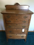 Ornate 5 drawer Oak chest, 20 inches D X 32 inches W X 54 inches tall. NO SHIPPING!