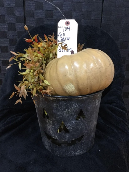fall decor: jack-o-lantern pail with pumpkin (Donated by: cash donors)
