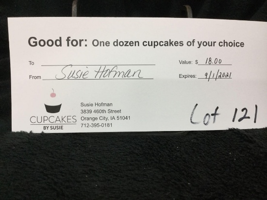 gift cert for one dozen homemade cupcakes (Donated by: Susie Hofman)