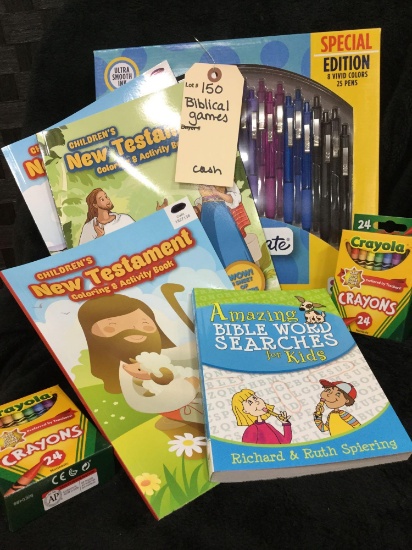 Biblical Coloring & Word Search Books with Colored Pens & Crayons (Donated by: cash donors)