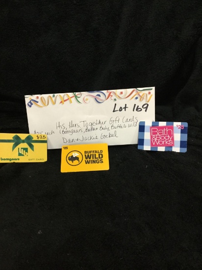 "His, Hers & Together" Gift Cards - includes $25 gift cards to Bomgaars, Bath & Body Works & Buffalo