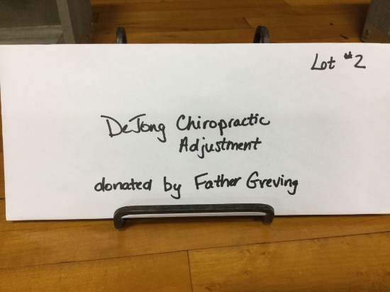 Gift cert for one adjustment at DeJong Chiropractic (Donated by: Father Dan Greving)