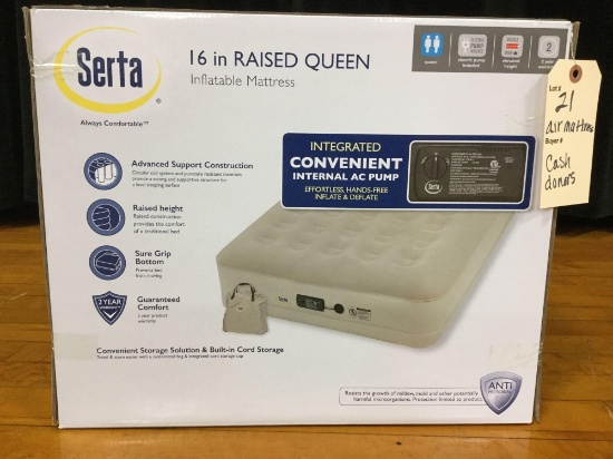 Serta 16 inch raised queen inflatable mattress with built in pump (Donated by: cash donors)