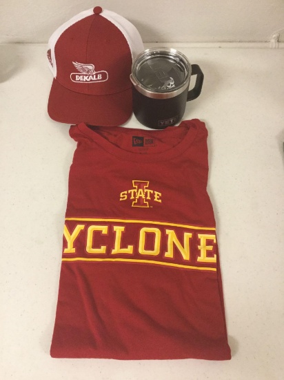 Yeti coffee mug, 1 Dekalb hat, & a XL ISU T-Shirt (Bunkers Feed & Supply / Carrie Sneider)