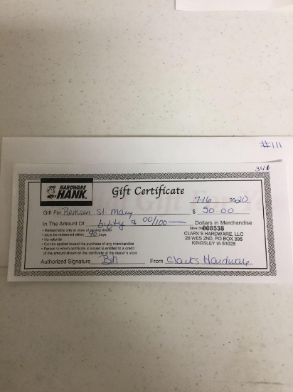 $50 Gift Certificate to Hardware Hank (Clarks Hardware)