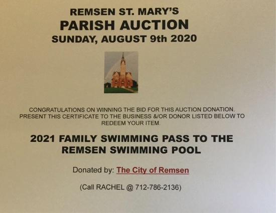 2021 family swim pass to the Remsen Municipal Pool (City of Remsen)