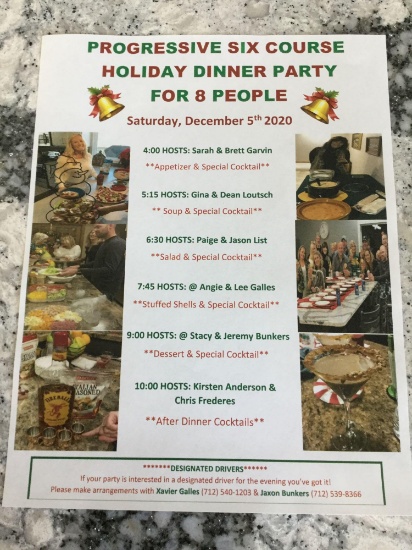 Progressive five course holiday dinner party for 8 people (Angie Galles, Paige List, Sarah Garvin,