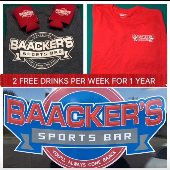 Two drinks per week for one year, XL T-shirt, L sweatshirt (shirts to be picked up at Baacker's by