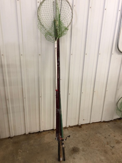 Fishing net and various rods and reels. No shipping