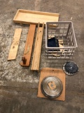 Angle cutter, wood blade guard and several 6'' and 8'' sharp Circular blades. No shipping