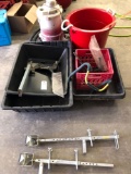 Various hard plastic tubs, plastic bucket, shop vac and adjustable bracket. No shipping!