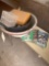 3 enamelware bowls, roller skates, wooden box, misc.