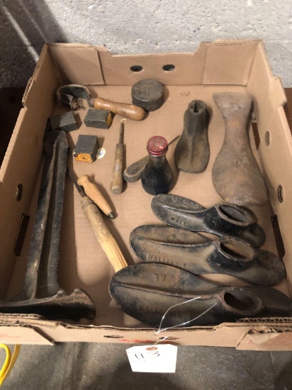 Cobblers tools, tacks, Esquire scuff for shoes bottle.